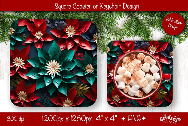 Christmas coaster Sublimation Square coaster 3D flowers png design Square keychain. Sublimation Createya Design 