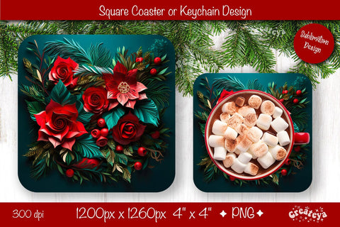 Christmas coaster Sublimation Square coaster 3D flowers png design Square keychain. Sublimation Createya Design 