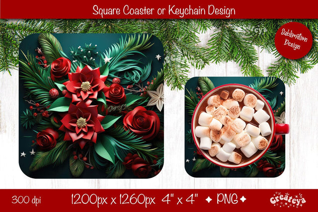 Christmas coaster Sublimation Square coaster 3D flowers png design Square keychain. Sublimation Createya Design 
