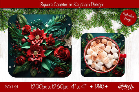 Christmas coaster Sublimation Square coaster 3D flowers png design Square keychain. Sublimation Createya Design 