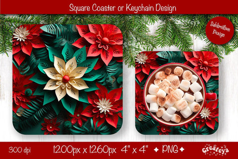 Christmas coaster Sublimation Square coaster 3D flowers png design Square keychain. Sublimation Createya Design 