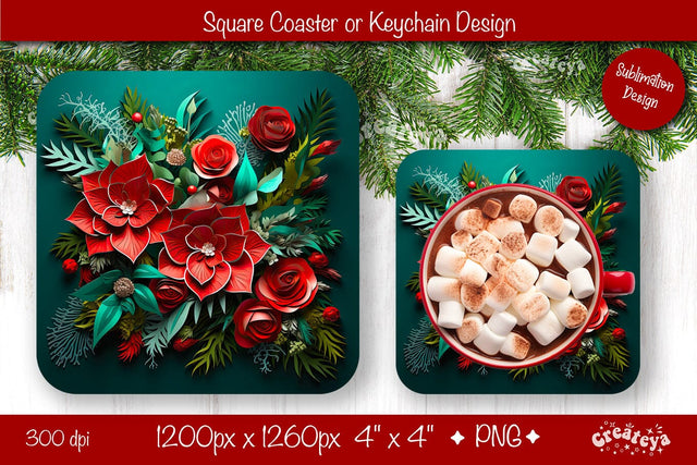 Christmas coaster Sublimation Square coaster 3D flowers png design Square keychain. Sublimation Createya Design 