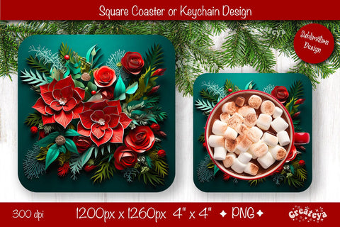Christmas coaster Sublimation Square coaster 3D flowers png design Square keychain. Sublimation Createya Design 