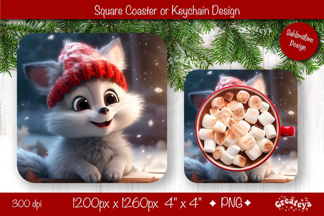 Christmas coaster Sublimation Square coaster design Baby Animal PNG Square keychain Sublimation Createya Design 
