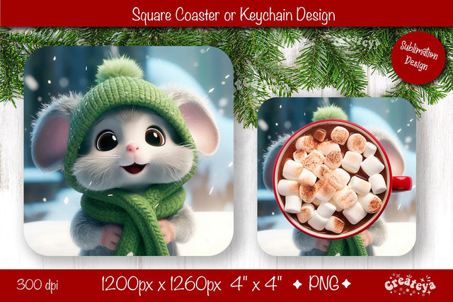 Christmas coaster Sublimation Square coaster design Baby Animal PNG Square keychain. Sublimation Createya Design 