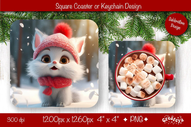 Christmas coaster Sublimation Square coaster design Baby Animal PNG Square keychain Sublimation Createya Design 