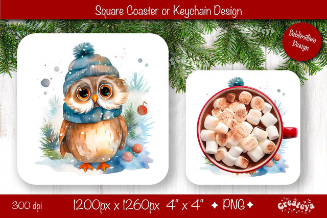 Christmas coaster Sublimation Square coaster design Owl PNG Square keychain Sublimation Createya Design 
