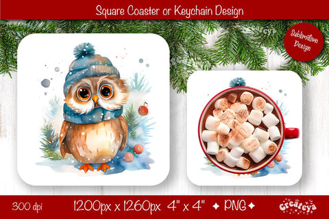 Christmas coaster Sublimation Square coaster design Owl PNG Square keychain Sublimation Createya Design 