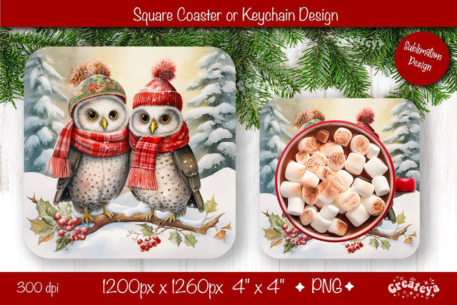 Christmas coaster Sublimation Square coaster design Owl PNG Square keychain Sublimation Createya Design 
