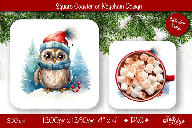 Christmas coaster Sublimation Square coaster design Owl PNG Square keychain Sublimation Createya Design 