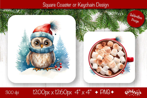 Christmas coaster Sublimation Square coaster design Owl PNG Square keychain Sublimation Createya Design 