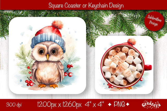 Christmas coaster Sublimation Square coaster design Owl PNG Square keychain Sublimation Createya Design 