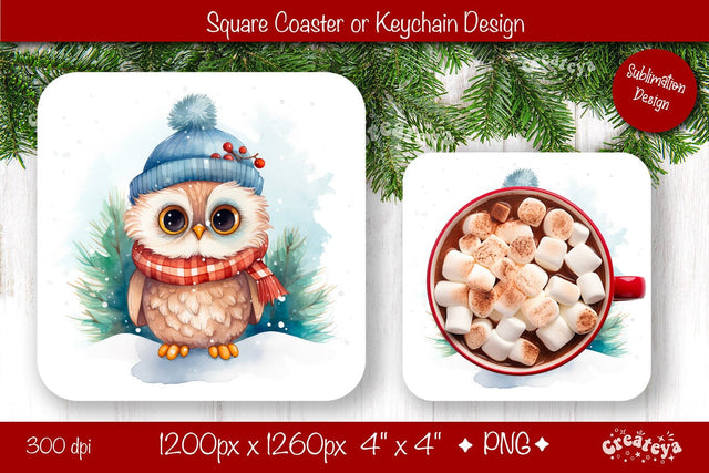 Christmas coaster Sublimation Square coaster design Owl PNG Square keychain Sublimation Createya Design 
