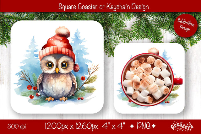 Christmas coaster Sublimation Square coaster design Owl PNG Square keychain Sublimation Createya Design 