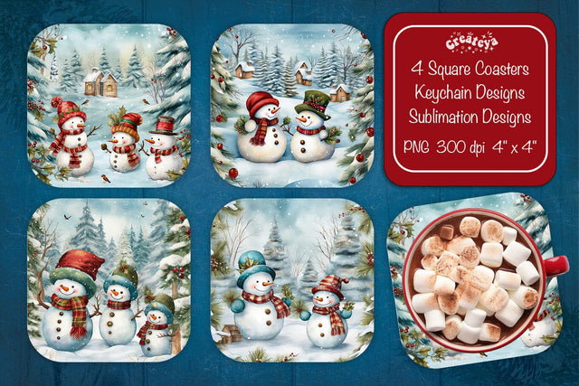 Christmas coaster Sublimation Square coaster design Snowman PNG Square keychain. Sublimation Createya Design 
