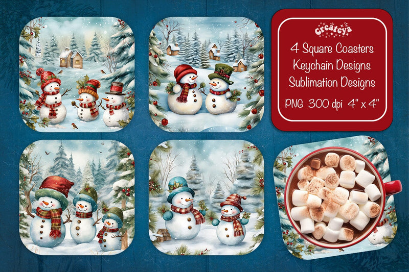 Christmas coaster Sublimation Square coaster design Snowman PNG Square keychain. Sublimation Createya Design 