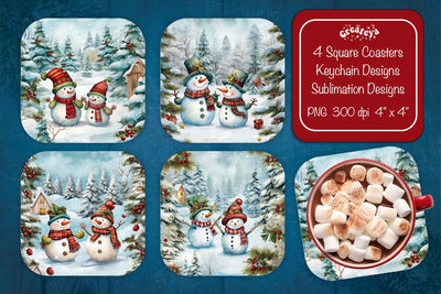 Christmas coaster Sublimation Square coaster design Snowman PNG Square keychain Sublimation Createya Design 