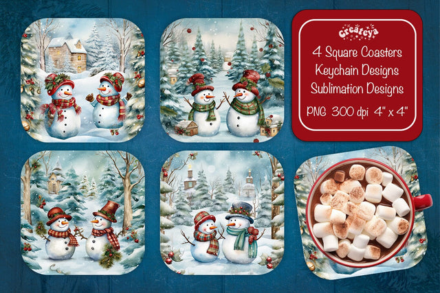 Christmas coaster Sublimation Square coaster design Snowman PNG Square keychain. Sublimation Createya Design 