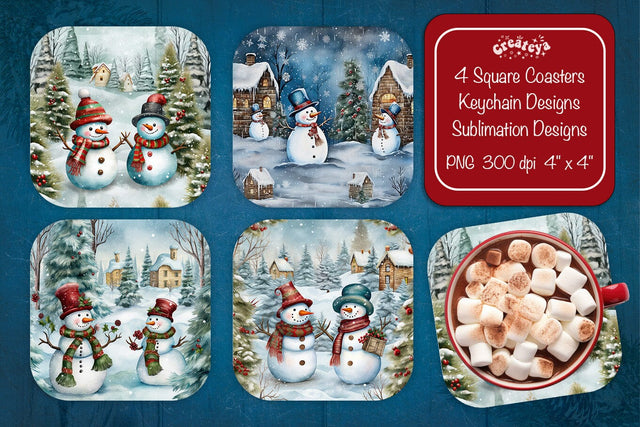 Christmas coaster Sublimation Square coaster design Snowman PNG Square keychain. Sublimation Createya Design 