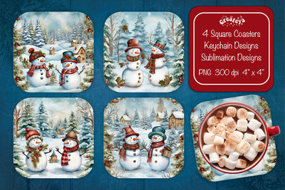Christmas coaster Sublimation Square coaster design Snowman PNG Square keychain. Sublimation Createya Design 