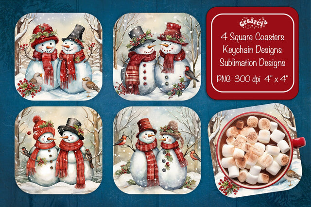 Christmas coaster Sublimation Square coaster design Snowman PNG Square keychain. Sublimation Createya Design 