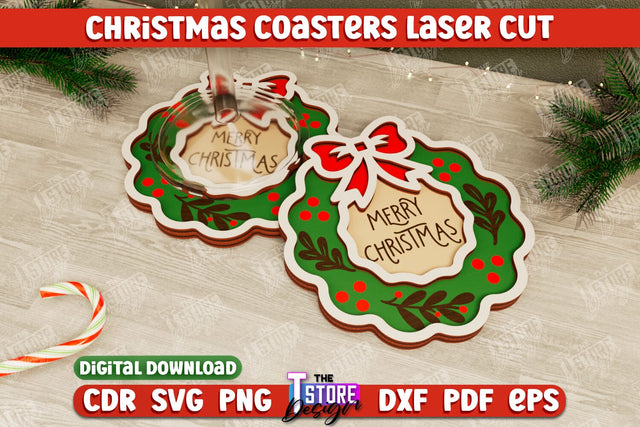 Christmas Coasters | Cup Coasters | Festive Table | Christmas Wreath | CNC File SVG The T Store Design 