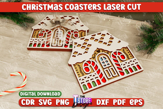 Christmas Coasters | Cup Coasters | Festive Table | Gingerbread House | CNC File SVG The T Store Design 