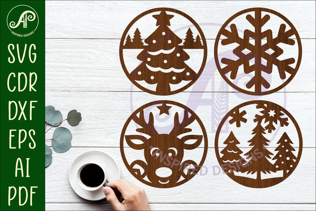 Christmas Coasters, laser cut out festive designs d1 SVG APInspireddesigns 