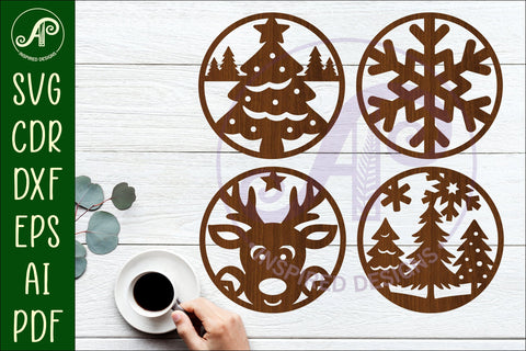 Christmas Coasters, laser cut out festive designs d1 SVG APInspireddesigns 