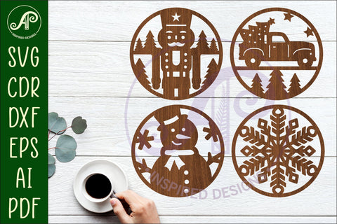 Christmas Coasters, laser cut out festive designs d3 SVG APInspireddesigns 