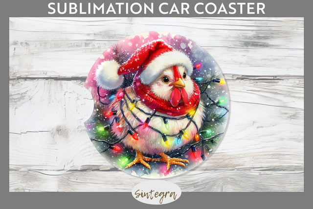 Christmas Cockerel Entangled in Lights Car Coaster Sublimation Sublimation Sintegra 
