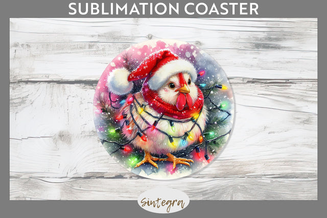 Christmas Cockerel Entangled in Lights Round Coaster Sublimation Sublimation Sintegra 