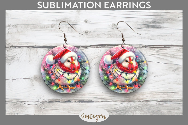 Christmas Cockerel Entangled in Lights Round Earrings Sublimation Sublimation Sintegra 