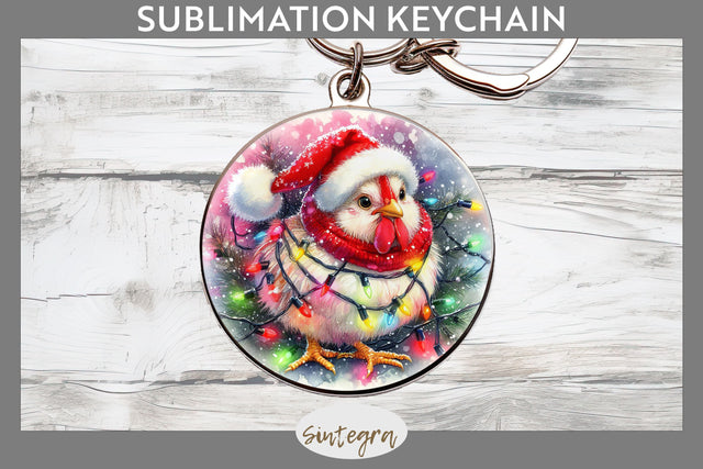 Christmas Cockerel Entangled in Lights Round Keychain Sublimation Sublimation Sintegra 
