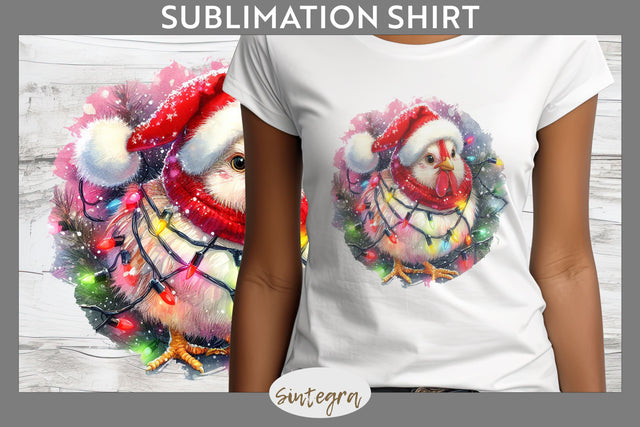 Christmas Cockerel Entangled in Lights T-shirt Sublimation Sublimation Sintegra 