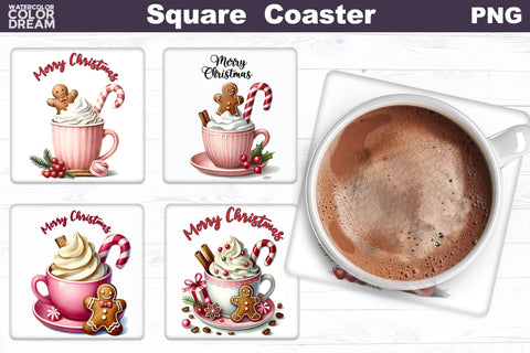 Christmas Coffee Square Coaster | Bundle Christmas Cocktail Coaster Sublimation WatercolorColorDream 