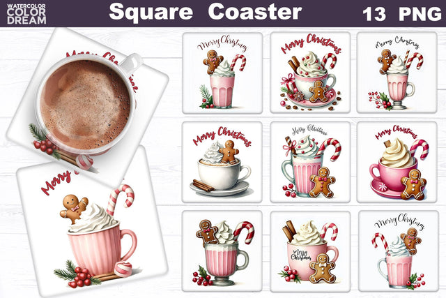 Christmas Coffee Square Coaster | Bundle Christmas Cocktail Coaster Sublimation WatercolorColorDream 