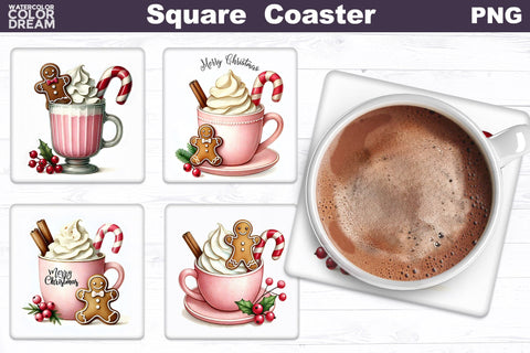 Christmas Coffee Square Coaster | Bundle Christmas Cocktail Coaster Sublimation WatercolorColorDream 