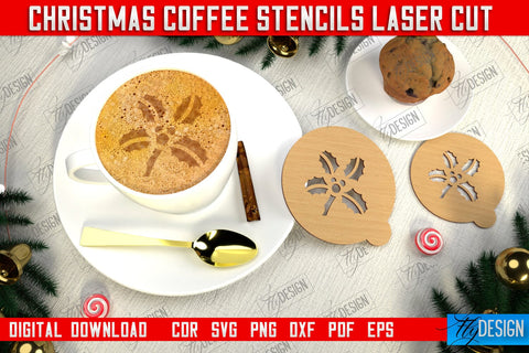 Christmas Coffee Stencil Bundle | Pattern on Coffee | Round Coffee Stencil | Coffee Lover | CNC Files SVG Fly Design 