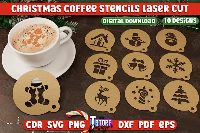 Christmas Coffee Stencil Bundle | Pattern on Coffee | Round Coffee Stencil | Coffee Lover | CNC Files SVG The T Store Design 
