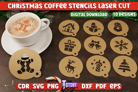 Christmas Coffee Stencil Bundle | Pattern on Coffee | Round Coffee Stencil | Coffee Lover | CNC Files SVG The T Store Design 