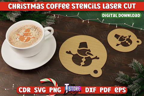 Christmas Coffee Stencil Bundle | Pattern on Coffee | Round Coffee Stencil | Coffee Lover | CNC Files SVG The T Store Design 