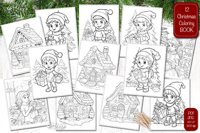 Christmas Coloring Book Elf coloring page bundle printable coloring sheet Sketch DESIGN Createya Design 