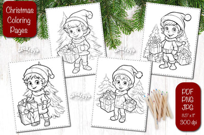 Christmas Coloring Book Elf coloring page bundle printable coloring sheet Sketch DESIGN Createya Design 