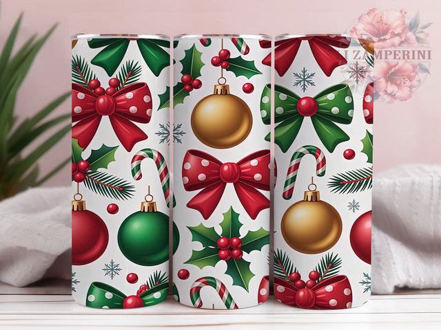 Christmas Coquette Bows Tumbler, Holiday Ornaments Wrap, Festive Bow Sublimation, 20oz Christmas Tumbler, Elegant Holiday Art, Seasonal Ornament Mug, Whimsical Christmas Cup Sublimation Li Zamperini 