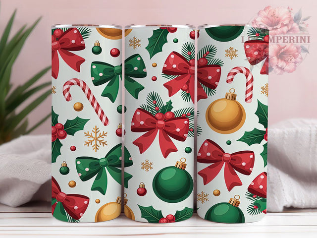 Christmas Coquette Bows Tumbler, Holiday Ornaments Wrap, Festive Bow Sublimation, 20oz Christmas Tumbler, Elegant Holiday Art, Seasonal Ornament Mug, Whimsical Christmas Cup Sublimation Li Zamperini 