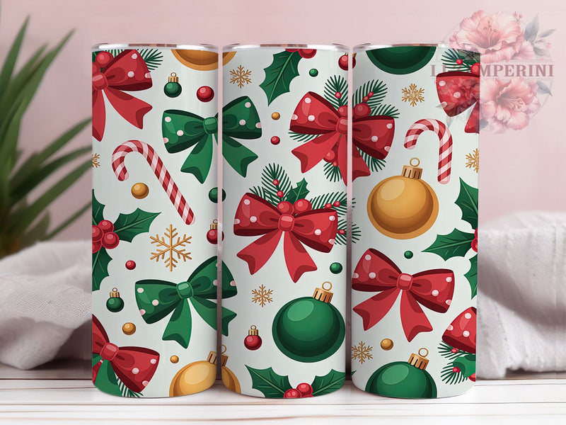 Christmas Coquette Bows Tumbler, Holiday Ornaments Wrap, Festive Bow Sublimation, 20oz Christmas Tumbler, Elegant Holiday Art, Seasonal Ornament Mug, Whimsical Christmas Cup Sublimation Li Zamperini 