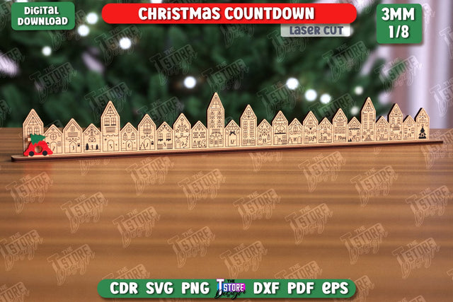 Christmas Countdown Laser Cut Design, Christmas Decor SVG, Wooden Advent Calendar, 25 days before Christmas, Holiday Countdown Calendar SVG The T Store Design 