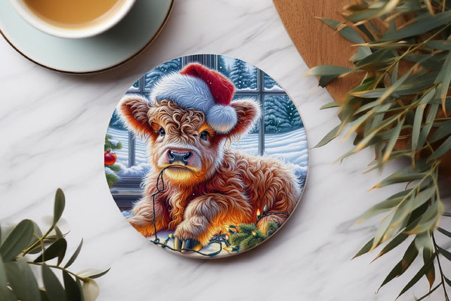 Christmas Cow Coaster, Highland Cow Round Coaster PNG Sublimation BijouBay 