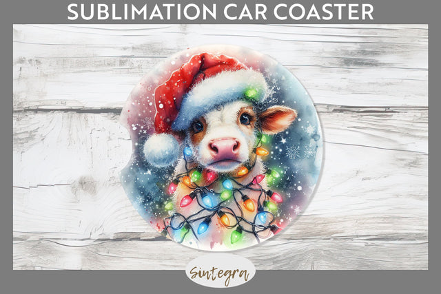 Christmas Cow Entangled in Lights Car Coaster Sublimation Sublimation Sintegra 